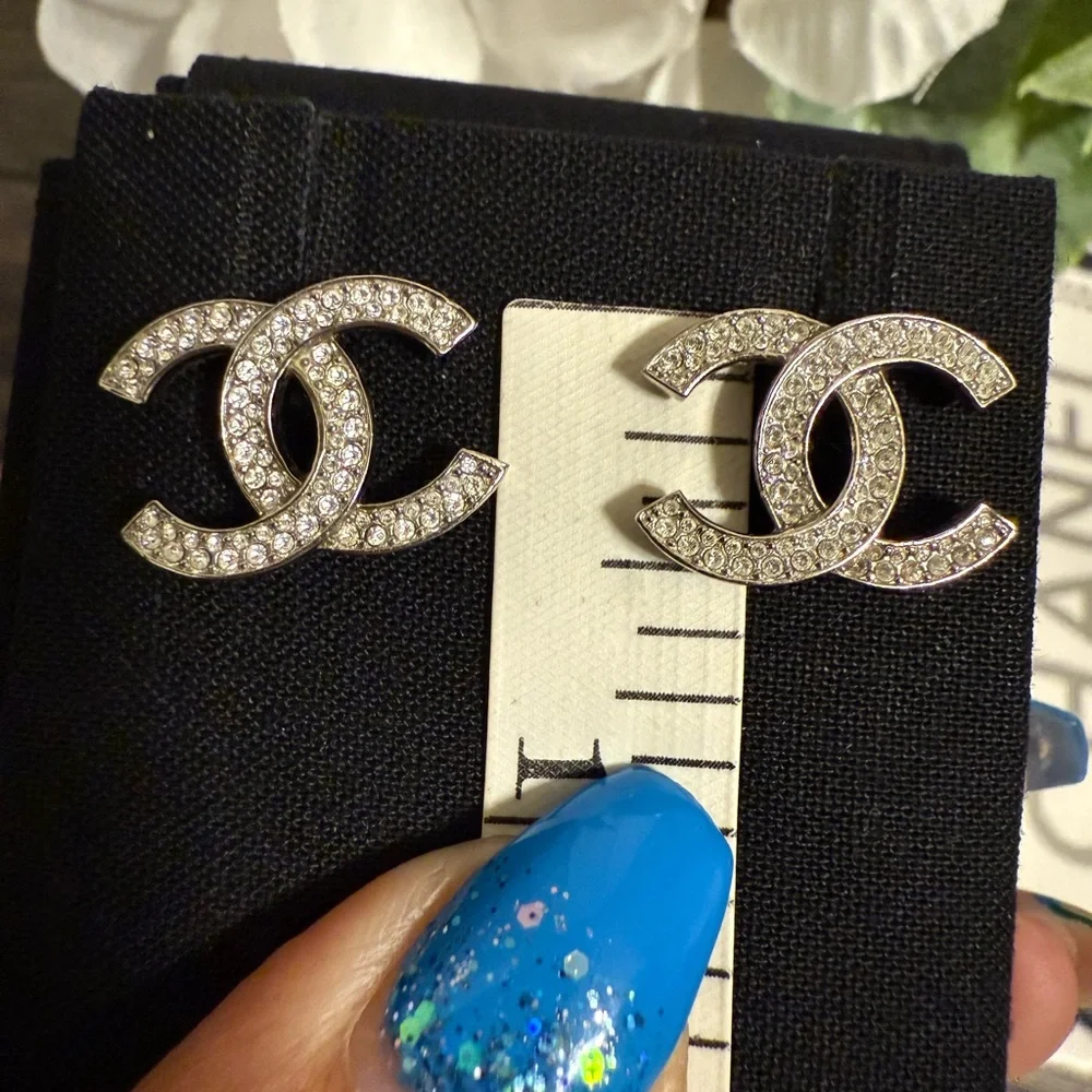 Chanel‎ Classic Silver Crystal CC Earrings